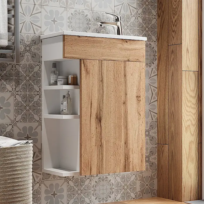 Vicco Badmöbel-Set Amadeo Goldkraft Eiche 2 Teile, mit Waschbecken - Goldkraft Eiche, Matt - Wandhängender Badunterschrank mit weißer Platte, Holzoptik-Schublade & Tür, offenen weißen Regalen, integriertem Waschbecken & Armatur.