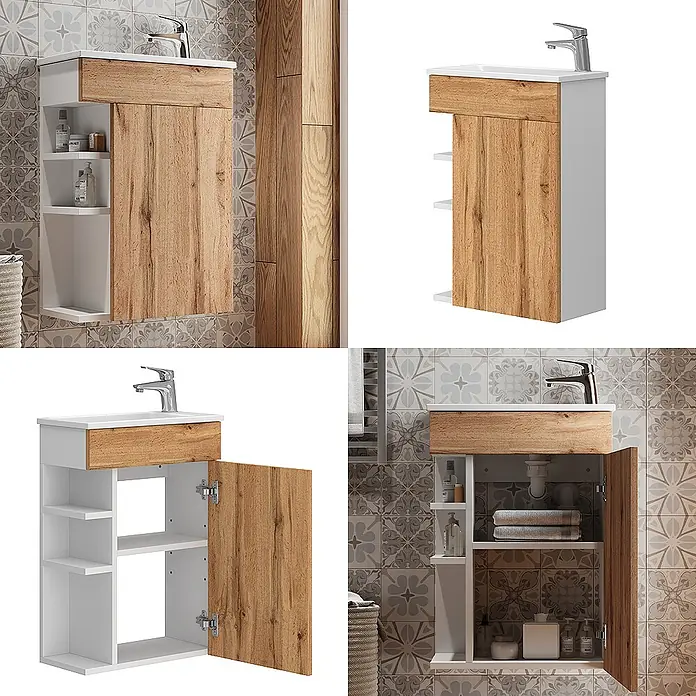 Vicco Badmöbel-Set Amadeo Goldkraft Eiche 2 Teile, mit Waschbecken - Goldkraft Eiche, Matt - Weißer Badunterschrank in Holzoptik mit Waschbecken, Tür und offenen Regalen.