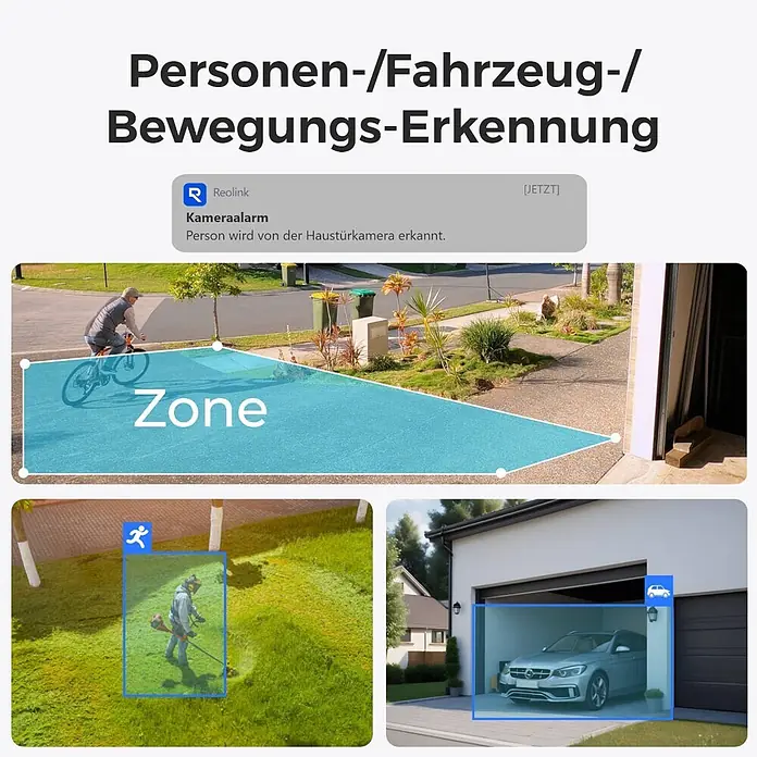 Reolink Überwachungskamera B420 inkl. Solarpanel - Weiß - Sicherheitskamera-Funktionen: Personen-, Fahrzeug- und Bewegungserkennung mit anpassbaren Zonen und sofortigen Benachrichtigungen.