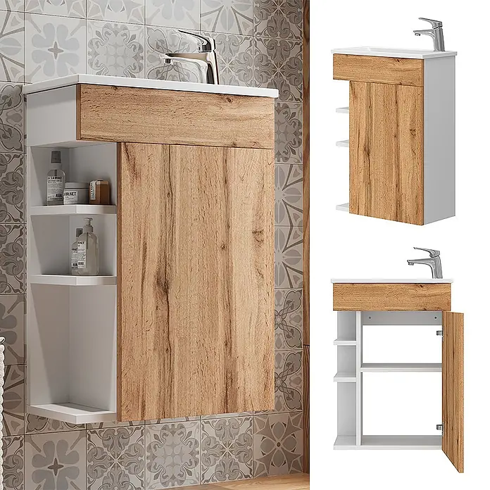Vicco Badmöbel-Set Amadeo Goldkraft Eiche 2 Teile, mit Waschbecken - Goldkraft Eiche, Matt - Weißer Badezimmer-Waschtischunterschrank mit hellholzfarbener Schublade und Schiebetür, integriertem Waschbecken und Regalen.