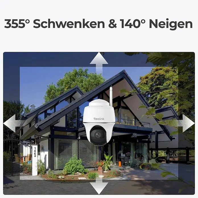 Reolink Überwachungskamera B420 inkl. Solarpanel - Weiß - Weiße Reolink Überwachungskamera mit Antenne, schwenkt 355° und neigt 140° für die Außenüberwachung.