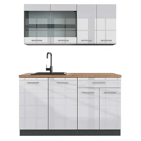 Vicco  Singleküche R-Line Weiß Hochglanz/Anthrazit, AP Eiche