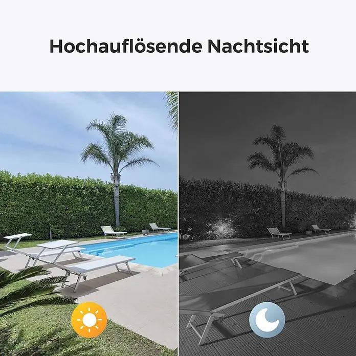 Reolink Überwachungskamera B420 inkl. Solarpanel - Weiß - Tag- und Nachtansicht eines Poolbereichs im Vergleich, demonstriert hochauflösende Nachtsicht.