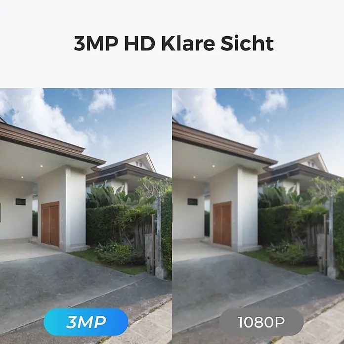 Reolink Überwachungskamera B420 inkl. Solarpanel - Weiß - Vergleich der 3MP HD- und 1080P-Videoauflösung, der eine klare Sicht auf ein Haus demonstriert.