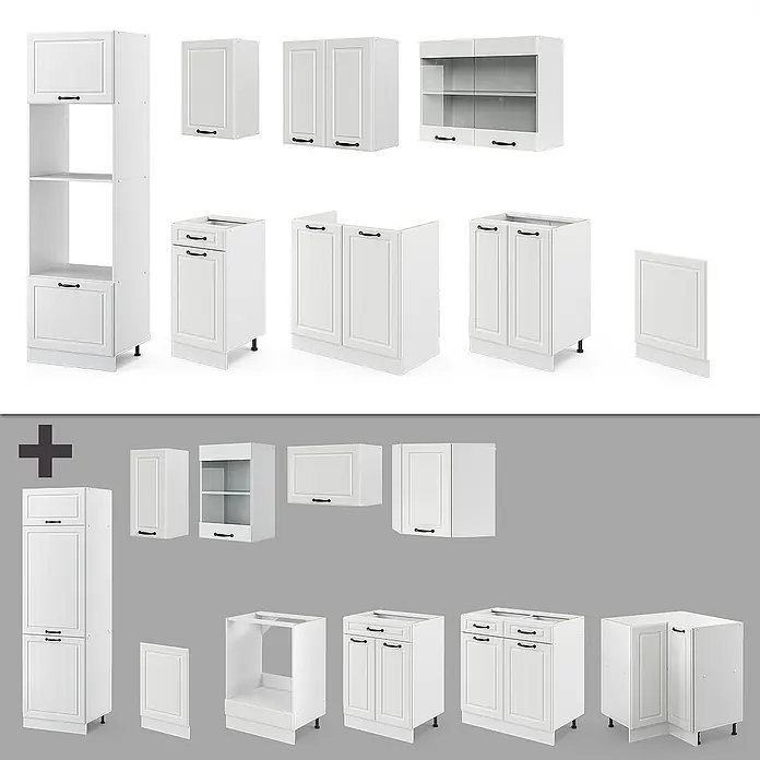 Vicco Küchenzeile R-Line Weiß Landhaus/Weiß mit Hochschrank, AP Eiche - Weiß Landhaus, Ohne Elektrogeräte - Modulares weißes Küchenschranksystem mit Wand-, Unter- und Hochschränken sowie schwarzen Griffen.