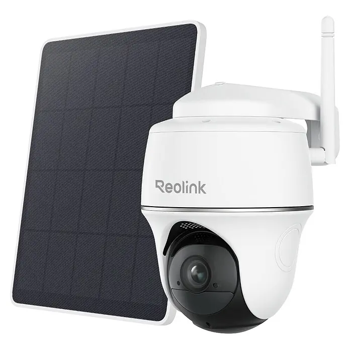Reolink Überwachungskamera B420 inkl. Solarpanel - Weiß - Weiße Reolink Überwachungskamera mit schwarzem Objektiv und dunkelgrauem Solarpanel für den Außenbereich.