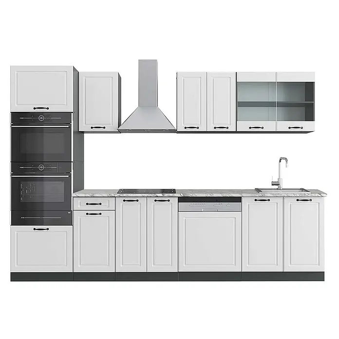 Vicco Küchenzeile R-Line Weiß Landhaus/Anthrazit mit Hochschrank, AP Marmor - Weiß Landhaus, Ohne Elektrogeräte - Weiße Modulküche mit integrierten Öfen, Geschirrspüler, Spüle und Kochfeld, mit marmorierter Arbeitsplatte und Edelstahl-Dunstabzugshaube.
