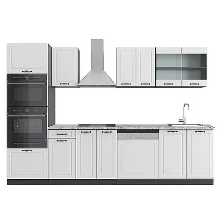 Vicco  Küchenzeile R-Line Weiß Landhaus/Anthrazit mit Hochschrank, AP Marmor