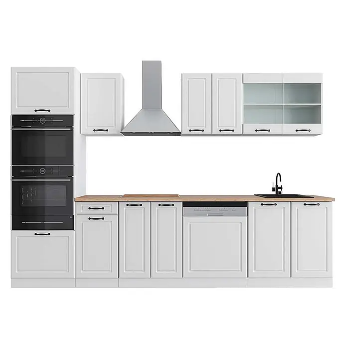 Vicco Küchenzeile R-Line Weiß Landhaus/Weiß mit Hochschrank, AP Eiche - Weiß Landhaus, Ohne Elektrogeräte - Weiße Küchenzeile mit klassischen Paneelschranktüren, Holztheken, schwarzen Einbauöfen, silberner Dunstabzugshaube, Spüle und Geschirrspüler.