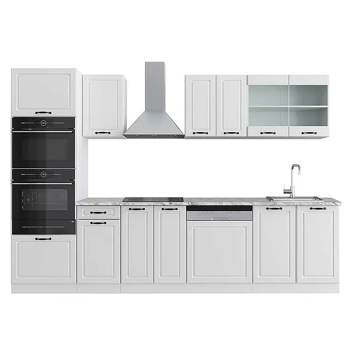 Vicco Küchenzeile R-Line Weiß Landhaus/Weiß mit Hochschrank, AP Marmor - Breite: 300 cm, Weiß Landhaus, Ohne Elektrogeräte - Komplette weiße Küche mit Schranktüren im Shaker-Stil, Marmorarbeitsplatte, integrierten Öfen, Kochfeld, Spüle, Geschirrspüler und Edelstahl-Dunstabzugshaube.
