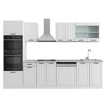 Vicco  Küchenzeile R-Line Weiß Landhaus/Weiß mit Hochschrank, AP Marmor