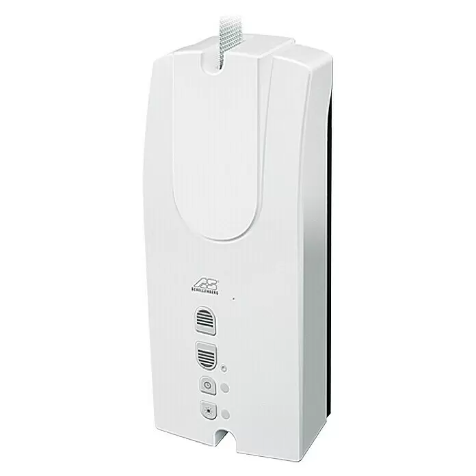 Schellenberg Recogedor de cinta de persiana Rollodrive 55 - En pared, Anchura de la correa: 14 mm - 23 mm, 230 mm - Enrollador automático de persiana blanco con cinta visible y botones de control frontales.