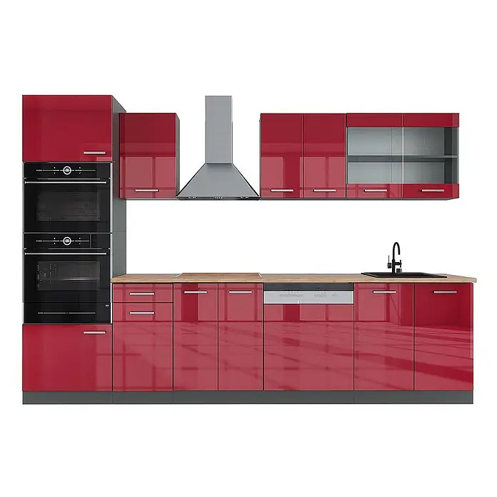 Vicco Küchenzeile R-Line Rot Hochglanz/Anthrazit mit Hochschrank, AP Eiche - Breite: 300 cm, Rot Hochglanz, Ohne Elektrogeräte - Moderne rote Hochglanzküche mit Einbaugeräten, Arbeitsplatte aus Holz und Edelstahl-Akzenten.