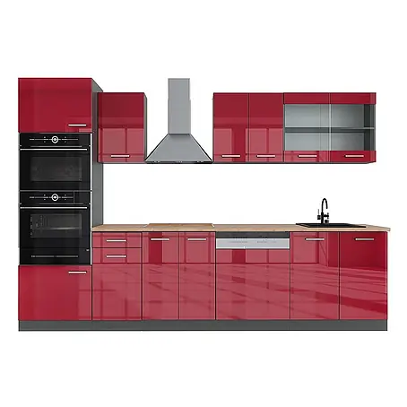 Vicco  Küchenzeile R-Line Rot Hochglanz/Anthrazit mit Hochschrank, AP Eiche