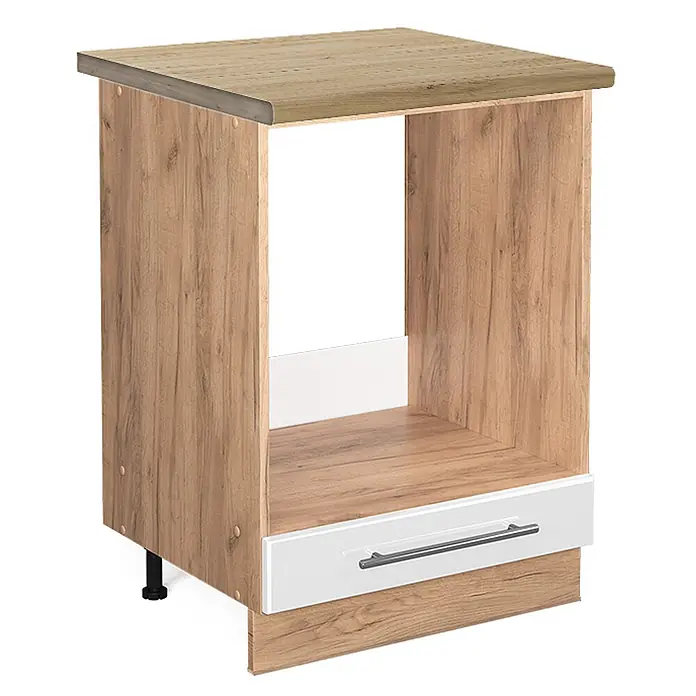 Vicco Schrankküche Fame-Line Weiß Hochglanz, AP Eiche - Weiß Hochglanz, Herdumbauschrank 60 cm, AP Eiche - Küchenunterschrank aus hellem Holz mit weißer Schublade, für Einbauofen oder Mikrowelle.