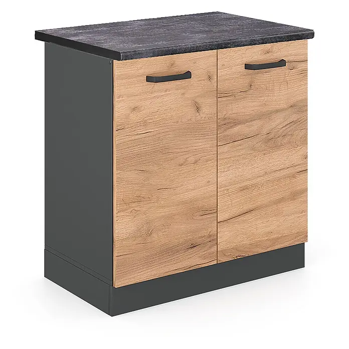 Vicco Schrankküche R-Line Goldkraft Eiche, AP Anthrazit - Goldkraft Eiche, Spülenunterschrank 80 cm, AP Anthrazit - Zweitüriger Schrank mit dunkelgrauer Platte und Rahmen, hellen Holzoptik-Türen und schwarzen Griffen auf dunkelgrauem Sockel.