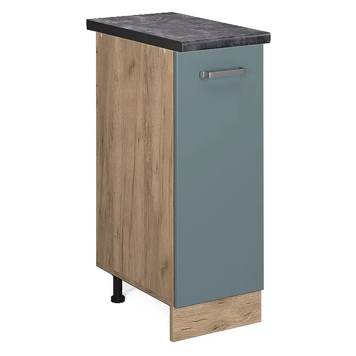 Vicco Schrankküche R-Line Blau-Grau, AP Anthrazit - Blau-Grau, Apothekerunterschrank 30 cm - Küchenunterschrank mit dunkelgrauer Arbeitsplatte, heller Holzseite und türkisfarbener Schublade mit Griff.