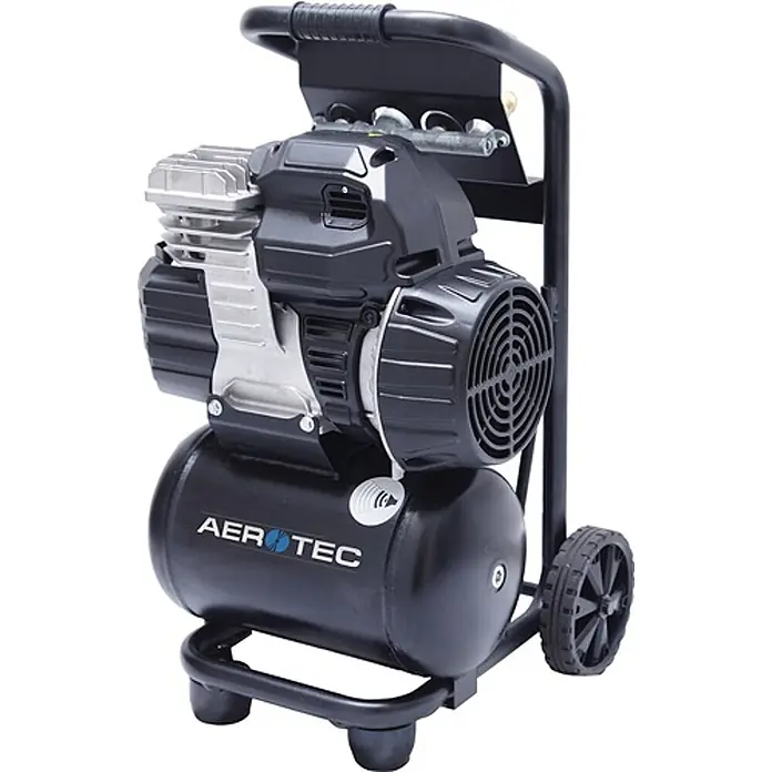 Aerotec Kompressor Zenith 250 TECH 175 l/min 10 bar - Max. Druck: 10 bar, 10 l, Schmierung: Ohne - Schwarzer und silberner tragbarer Luftkompressor auf einem Rollgestell mit Griff.