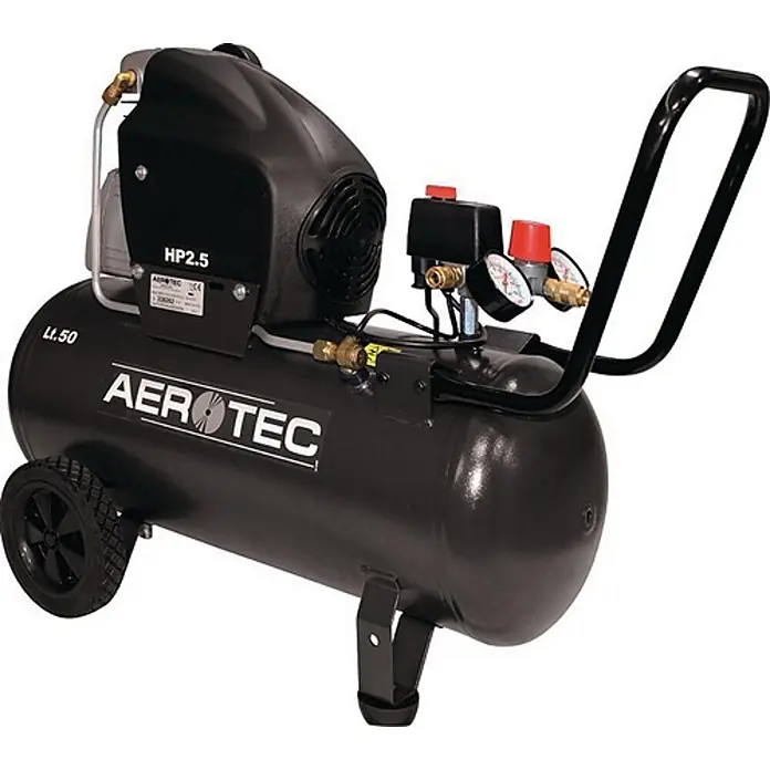 Aerotec Kompressor 310-50 FC 280 l/min 10 bar - Max. Druck: 10 bar, 50 l, Schmierung: Ölgeschmiert - Schwarzer AEROTEC Luftkompressor mit 50L Tank, 2.5 PS Motor, Rädern, Griff und Manometern.