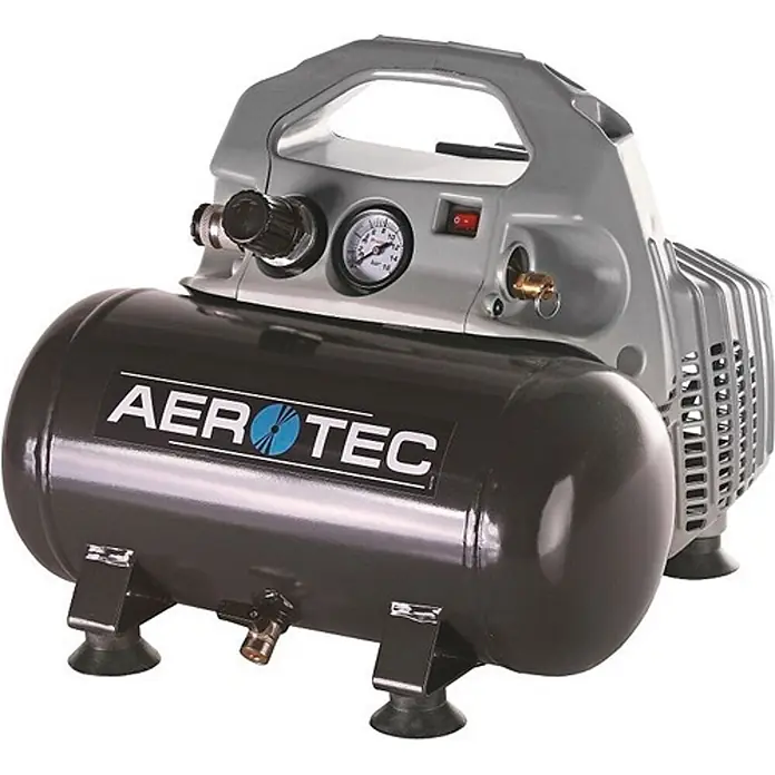 Aerotec Kompressor Airliner Silent 70 l/min 8 bar - Max. Druck: 8 bar, 6 l, Schmierung: Ohne - Kompakter Luftkompressor mit dunkelgrauem Tank, silbernem Obergehäuse, Manometer, Regler und Griff.