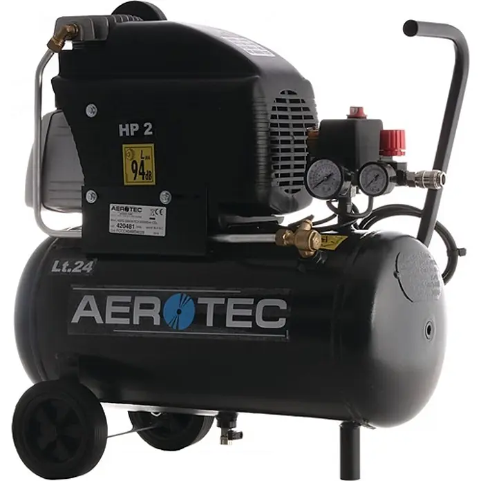 Aerotec Kompressor 220-24 210 l/min 8 bar - Max. Druck: 8 bar, 24 l, Schmierung: Ölgeschmiert - Schwarzer mobiler Luftkompressor mit 24-Liter-Tank, Rädern und Griff.