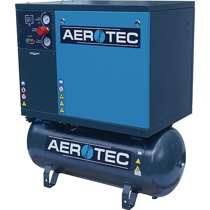 Aerotec Kompressor 520-90 SUPERSILENT PRO 450 l/min 10 bar - Max. Druck: 10 bar, 90 l, Schmierung: Ölgeschmiert - AEROTEC Kompressor mit blau-dunkelgrauer Haupteinheit auf dunkelgrauem Lufttank für industrielle Luftversorgung.