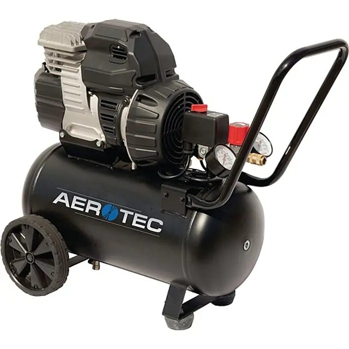 Aerotec Kompressor Zenith 270 TECH 175 l/min 10 bar - Max. Druck: 10 bar, 24 l, Schmierung: Ohne - Schwarzer mobiler Luftkompressor mit Rädern, Griff und Manometern, mit silber-schwarzer Motoreinheit.