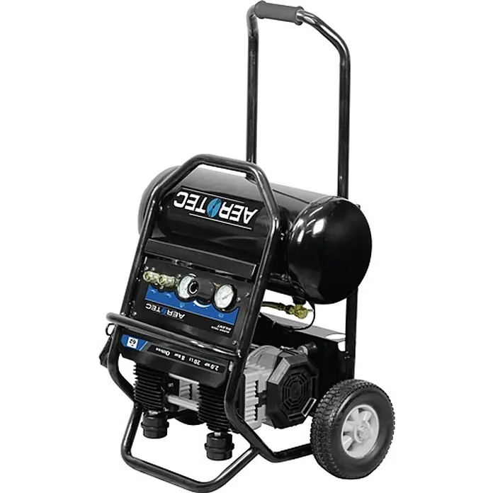 Aerotec Kompressor SUPERTECH Silent 240 l/min 8 bar - Max. Druck: 8 bar, 20 l, Schmierung: Ohne - Schwarzer tragbarer Luftkompressor mit Metallrahmen, Lufttank, zwei Manometern und Transporträdern.