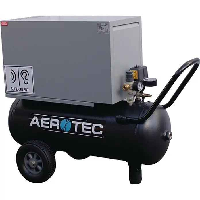 Aerotec Kompressor 320-10-50 SUPERSIL 300 l/min 10 bar - Max. Druck: 10 bar, 50 l, Schmierung: Ölgeschmiert - Schwarzer mobiler Luftkompressor mit grauer Supersilent-Kompressoreinheit, Manometern und Rädern.