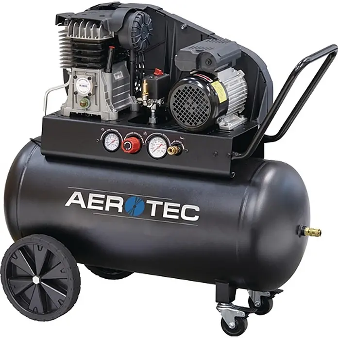 Aerotec Kompressor 590-90 S-TECH CM3 405 l/min 10 bar - Max. Druck: 10 bar, 90 l, Schmierung: Ölgeschmiert - Schwarzer tragbarer Luftkompressor mit horizontalem Tank, Pumpe, Motor, Bedienfeld mit Anzeigen, Rädern und Griff.