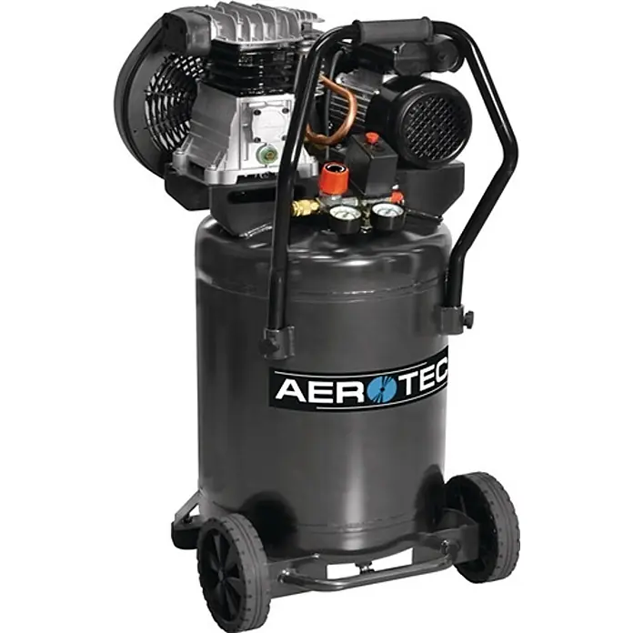 Aerotec Kompressor 420-90 V TECH 360 l/min 10 bar - Max. Druck: 10 bar, 90 l, Schmierung: Ölgeschmiert - Dunkelgrauer, tragbarer Luftkompressor mit vertikalem Tank, oben montiertem Motor, Kompressoreinheit, Manometern und schwarzen Rädern/Griff.