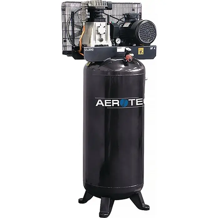 Aerotec Kompressor 600-200 600 l/min 10 bar - Max. Druck: 10 bar, 200 l, Schmierung: Ölgeschmiert - Schwarzer AEROTEC Vertikal-Kompressor mit grauem Kopf und schwarzem Motor, mit Anzeigen und Anschlüssen oben.