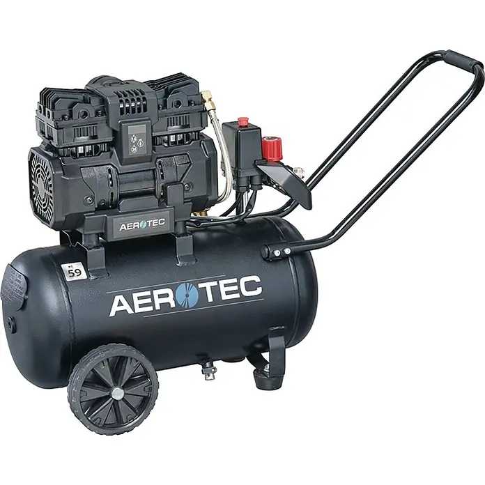 Aerotec Kompressor Tech 160-24 Silent 160 l/min 8 bar - Max. Druck: 10 bar, 24 l, Schmierung: Ölgeschmiert - Schwarzer, tragbarer Elektroluftkompressor mit AEROTEC Motoreinheit, horizontalem Tank, Rädern und Zuggriff.