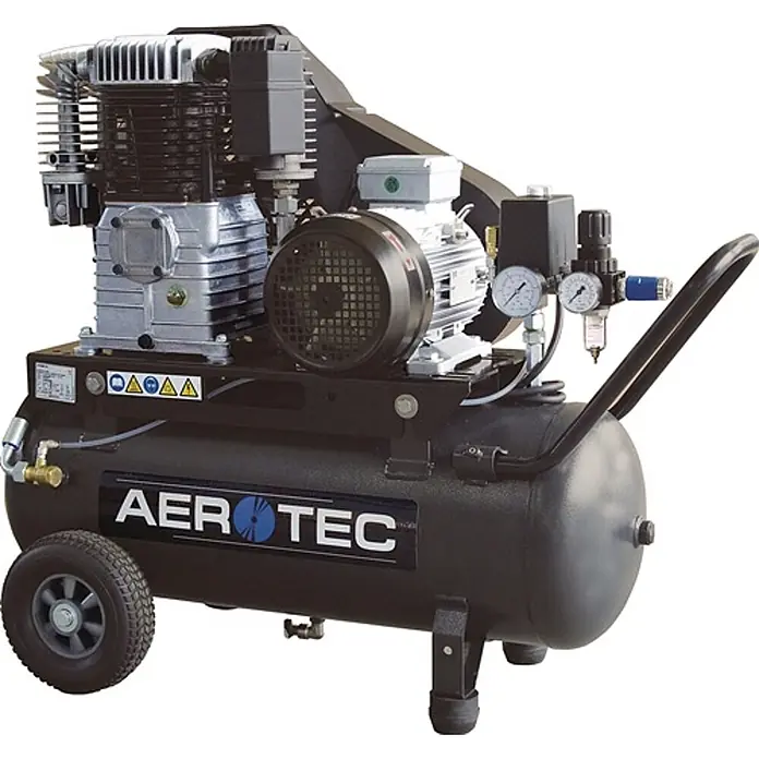 Aerotec Kompressor 630-90-15 PRO 420 l/min 15 bar - Max. Druck: 15 bar, 90 l, Schmierung: Ölgeschmiert - Schwarzer, fahrbarer Luftkompressor mit silbernem Kompressorblock, Motor, Manometern und Rädern.