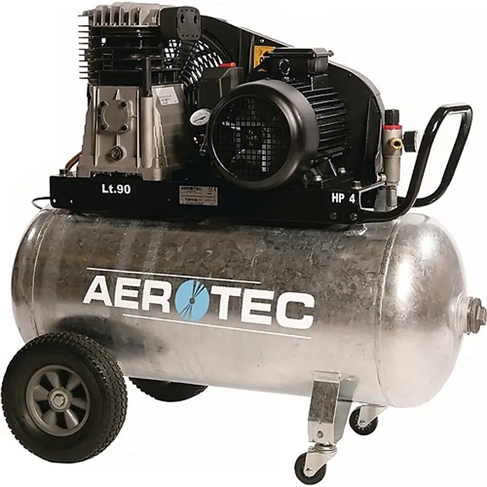 Aerotec Kompressor 600-90 Z verzinkt 600 l/min 10 bar - Max. Druck: 10 bar, 90 l, Schmierung: Ölgeschmiert - Tragbarer Luftkompressor mit verzinktem Stahltank und schwarzer Motoreinheit, 90 Liter Kapazität und 4 PS.