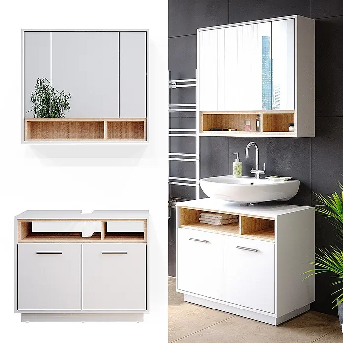 Vicco Badmöbel-Set Beatrice Weiß 2 Teile - Gesamtbreite Badmöbel: 80 cm, Weiß, Matt - Weißes Badmöbel-Set mit Spiegelschrank und Waschbeckenunterschrank, Holz-Akzenten und offenen Fächern, in modernem Bad.