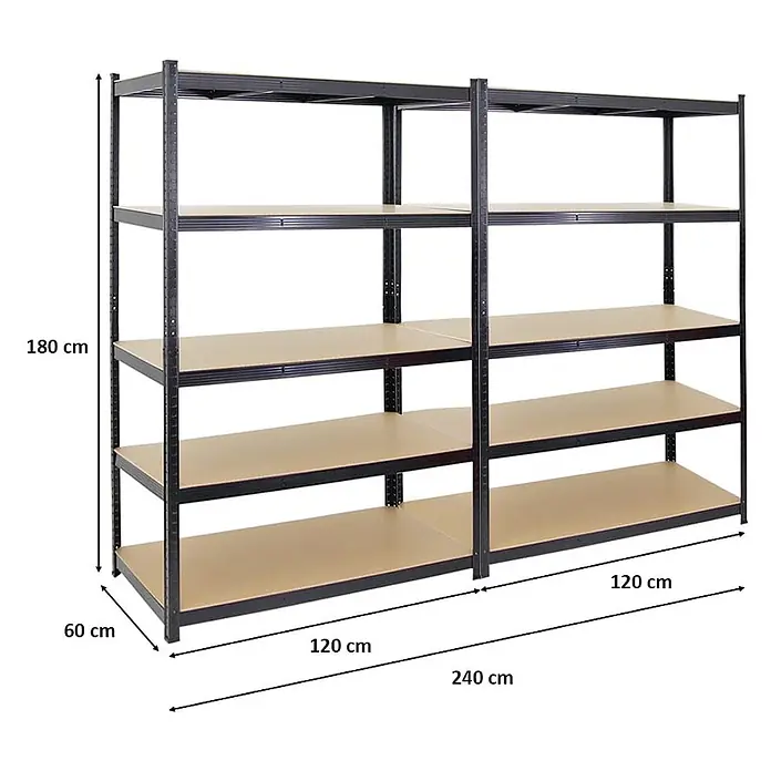 Proregal Schwerlastregal Mega Deal TAURUS 2 Stück - Traglast pro Boden: 175 kg, Anzahl Böden: 5 Stk., Stecken, Schwarz - Schwarzes Metallregal mit fünf Ebenen hellbrauner Regalböden, 180 cm hoch, 240 cm breit und 60 cm tief.