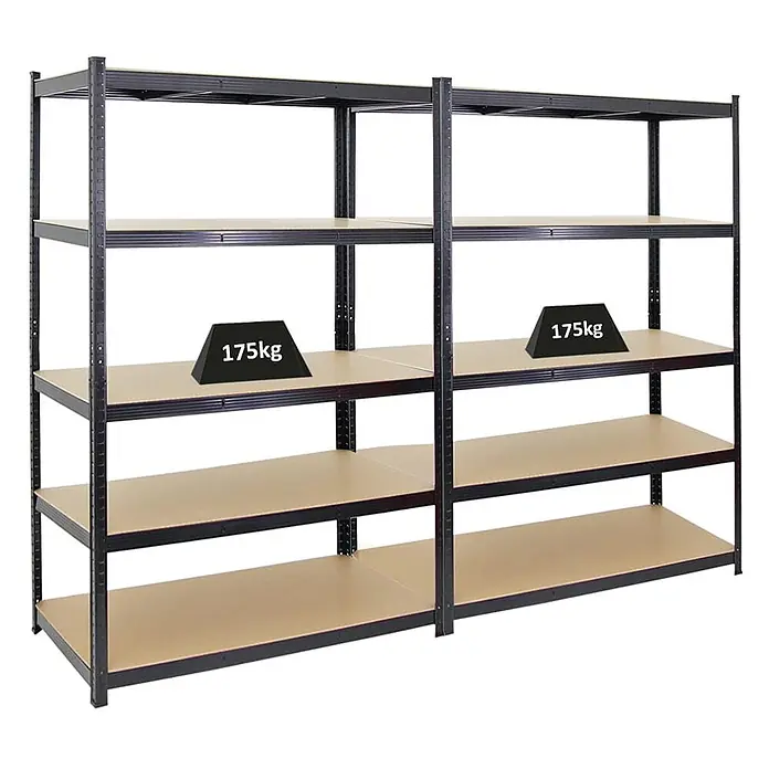 Proregal Schwerlastregal Mega Deal TAURUS 2 Stück - Traglast pro Boden: 175 kg, Anzahl Böden: 5 Stk., Stecken, Schwarz - Zwei robuste schwarze Metallregale mit je fünf Holzablagen, Tragkraft 175 kg pro Fach.