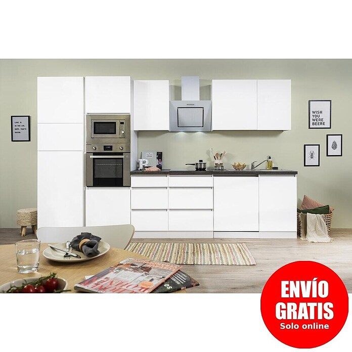 Respekta Premium Composición de cocina (Ancho: 345 cm, Con dispositivos eléctricos, Blanco mate)