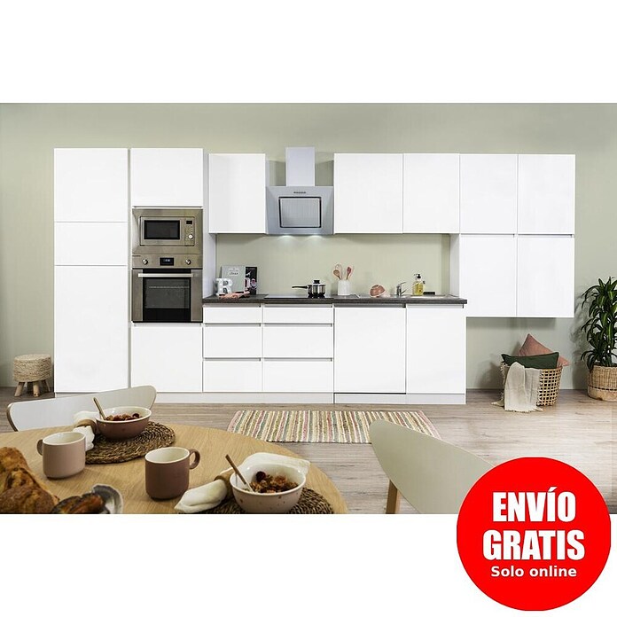 Respekta Premium Composición de cocina (Ancho: 445 cm, Con dispositivos eléctricos, Blanco mate)