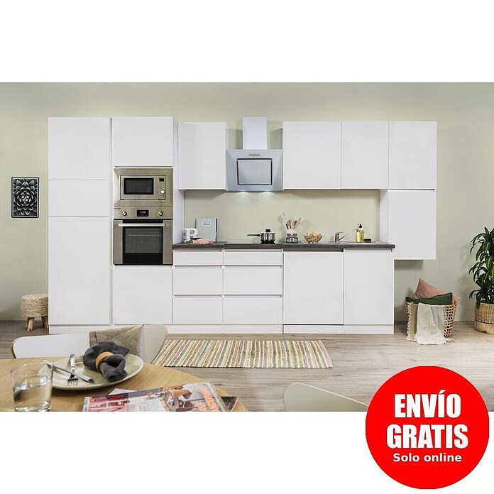 Respekta Premium Composición de cocina (Ancho: 395 cm, Con dispositivos eléctricos, Blanco mate)