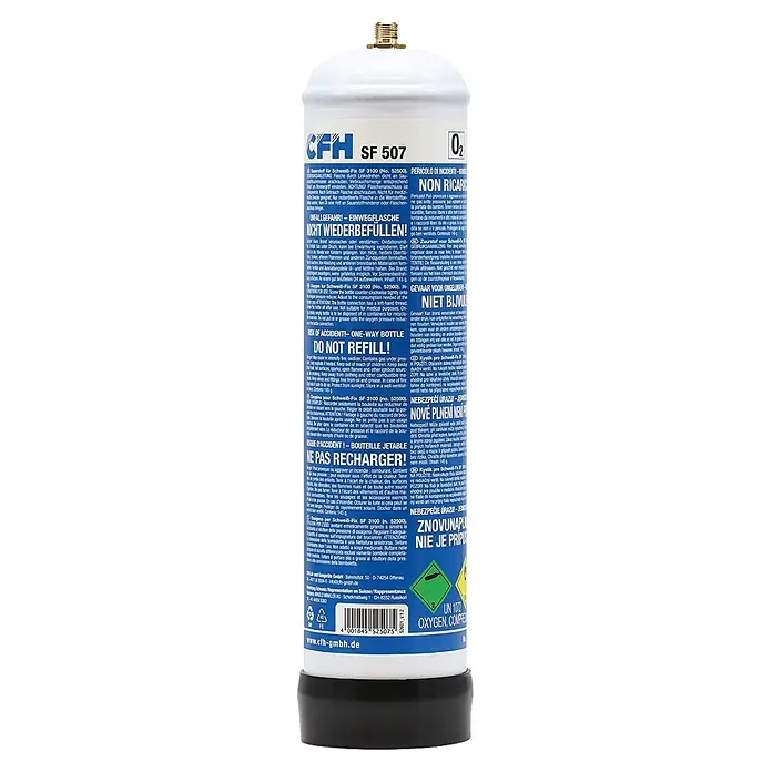 CFH Sauerstoff-Flasche SF 507 - 950 ml, Druck: 116 bar - Weißer Sauerstoffbehälter mit blauer Beschriftung und Messinganschluss.