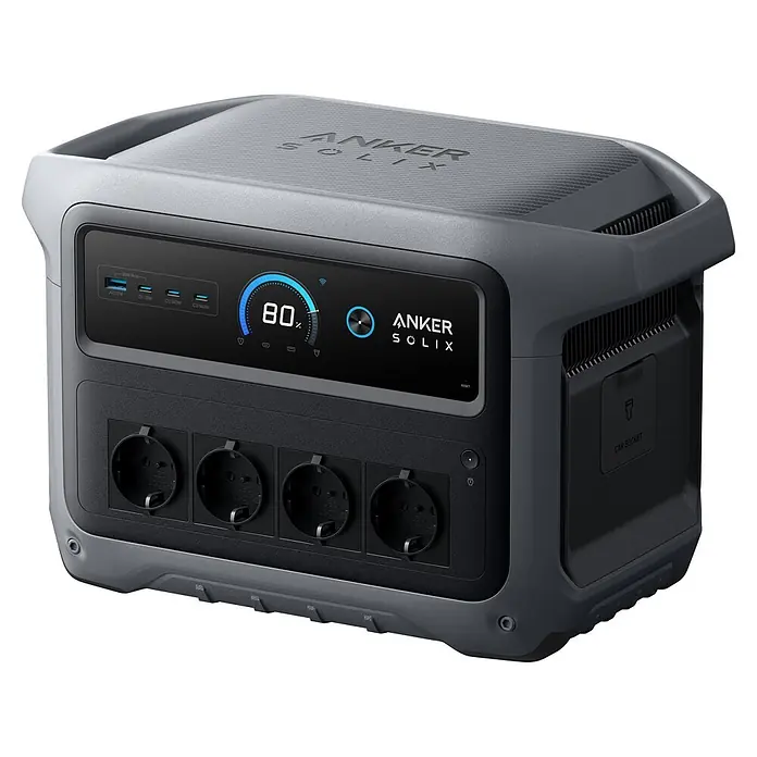 Anker Solix Powerstation SOLIX C1000 GEN2 - 1.024 Wh - Tragbare Anker Solix Powerstation in Grau und Schwarz mit Digitalanzeige und mehreren Steckdosen.