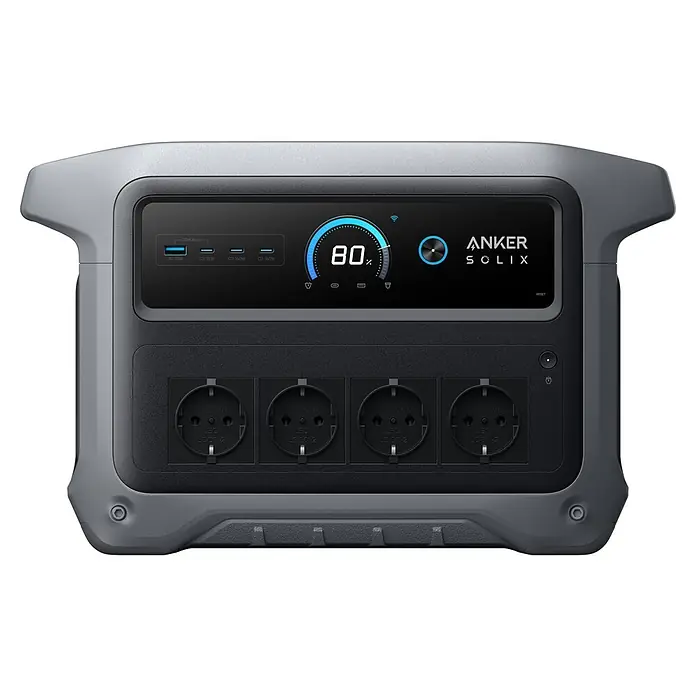 Anker Solix Powerstation SOLIX C1000 GEN2 - 1.024 Wh - Grau-schwarze tragbare Powerstation mit digitaler Anzeige, die 80% Ladung, USB- und AC-Anschlüsse zeigt.