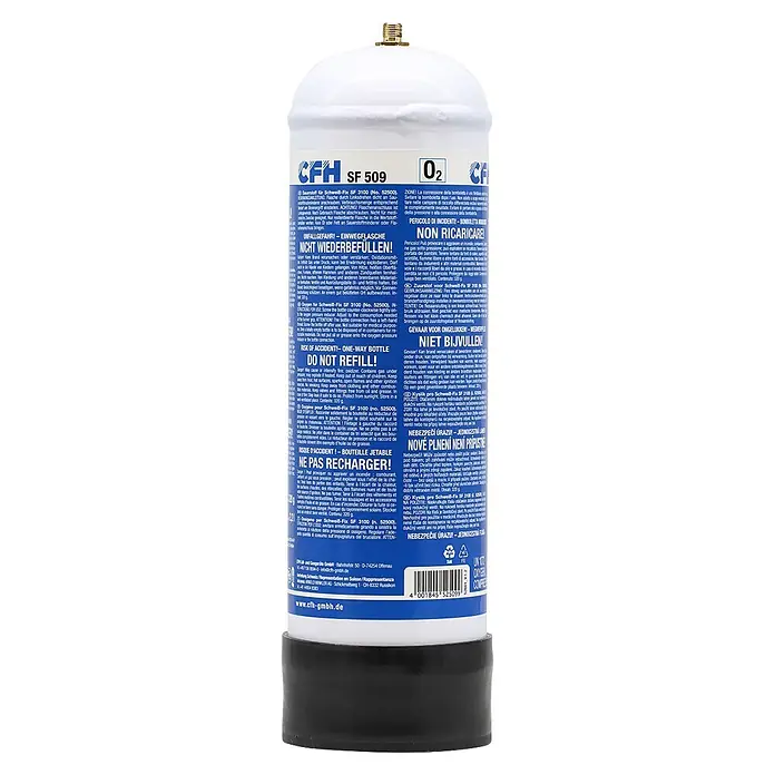 CFH Sauerstoff-Flasche SF 509 - 2,2 l, Druck: 110 bar - Weiße Sauerstoffflasche mit blauem Etikett, schwarzem Boden und Messinganschluss für Schweißarbeiten (Einwegflasche).