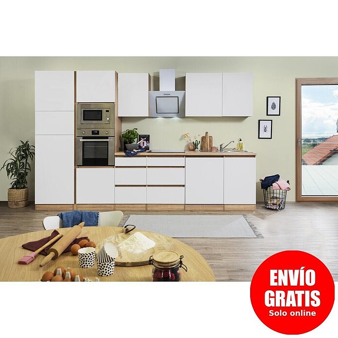 Respekta Premium Composición de cocina (Ancho: 345 cm, Con dispositivos eléctricos, Blanco mate)