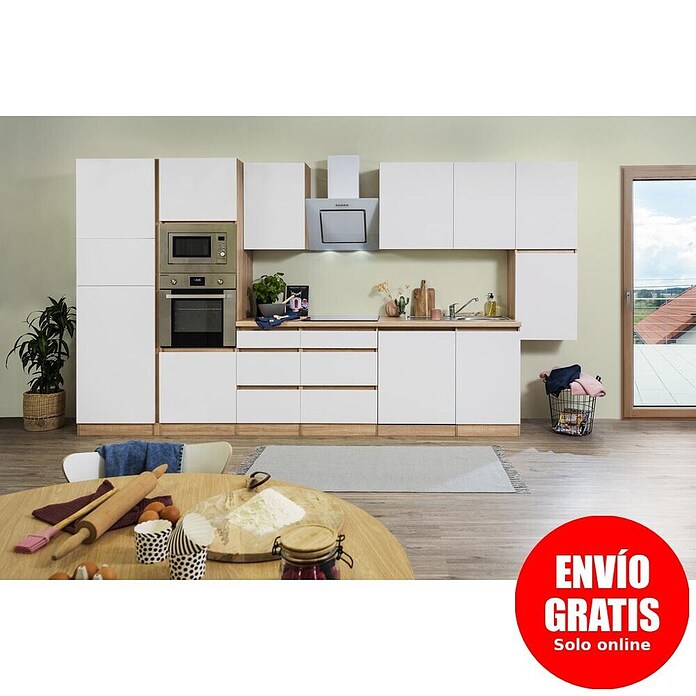 Respekta Premium Composición de cocina (Ancho: 395 cm, Con dispositivos eléctricos, Blanco mate)