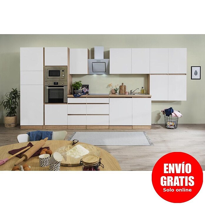 Respekta Premium Composición de cocina (Ancho: 445 cm, Con dispositivos eléctricos, Blanco mate)