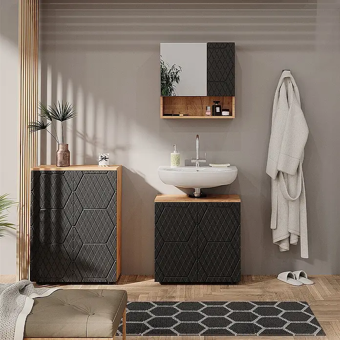 Vicco Badmöbel-Set Irma Anthrazit mit Wabenstruktur 3 Teile, mit Unterschrank 60 cm - Gesamtbreite Badmöbel: 120 cm, Anthrazit mit Wabenstruktur, Matt - Modernes Badmöbelset mit schwarzen geometrischen Fronten und Naturholz-Akzenten, bestehend aus Spiegel-, Waschbecken- und Beistellschrank.