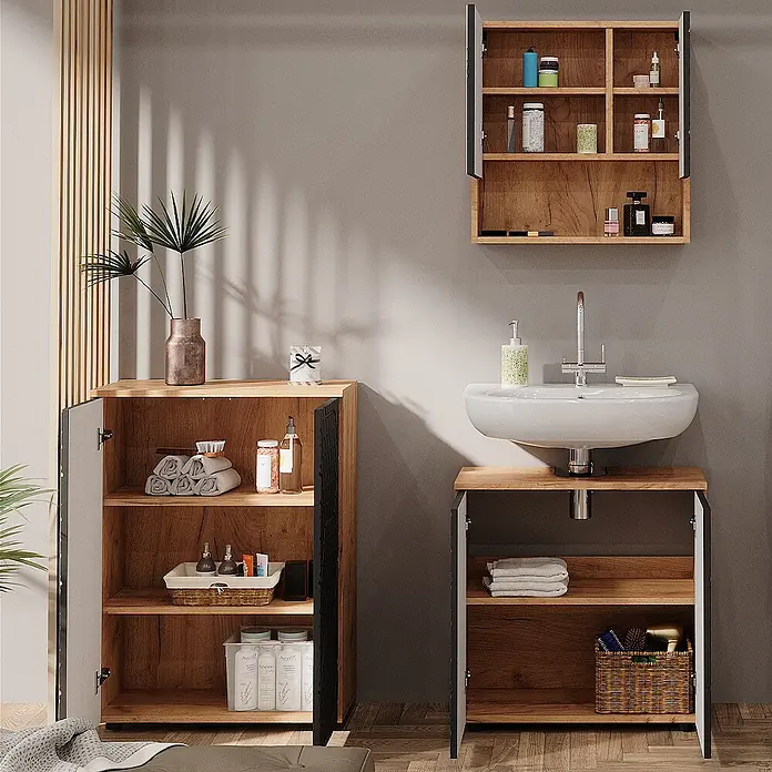 Vicco Badmöbel-Set Irma Anthrazit mit Wabenstruktur 3 Teile, mit Unterschrank 60 cm - Gesamtbreite Badmöbel: 120 cm, Anthrazit mit Wabenstruktur, Matt - Badezimmerschränke in Holzoptik mit dunklen Türen, mit Badezimmerutensilien organisiert.